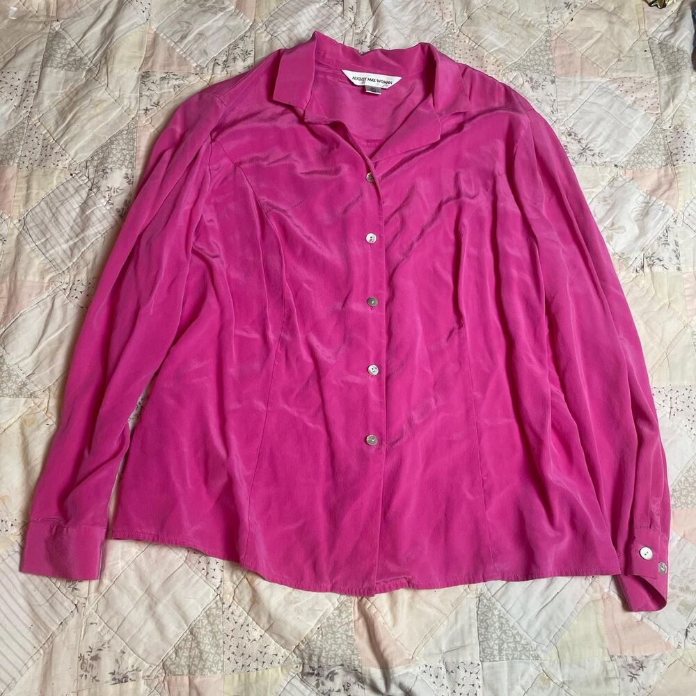 august max woman vintage y2k barbie hot pink 100% silk long sleeve button up 16w